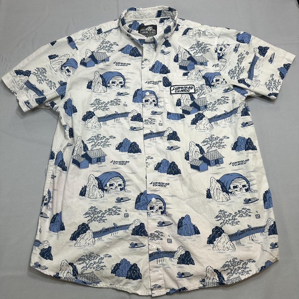 Lurking Class Shirt Mens XL White Graphic Print Japanese Skull AOP Streetwear